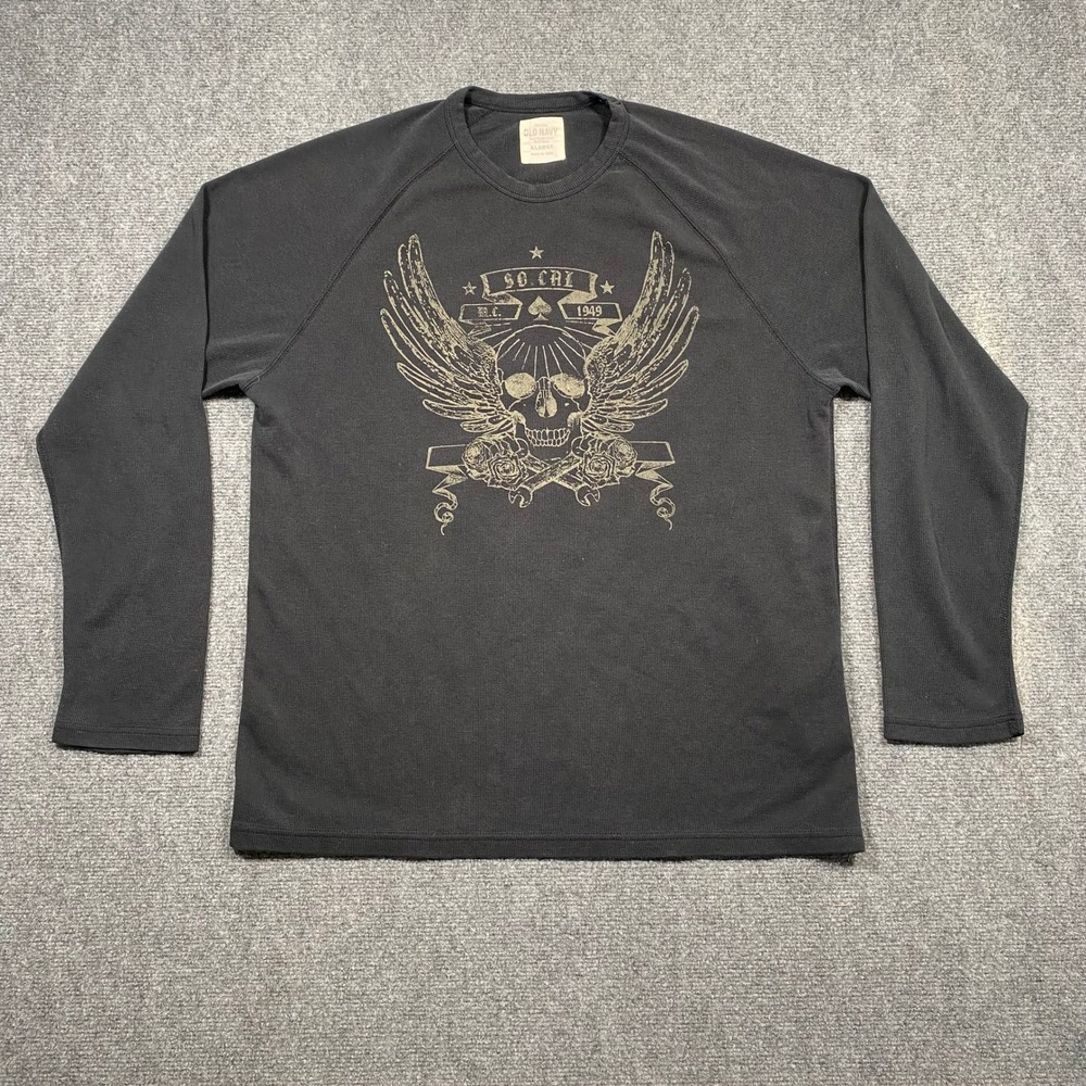 Old Navy Mens Long Sleeve Thermal Shirt Graphic‎ Skull Wings So Cal 1949 XL